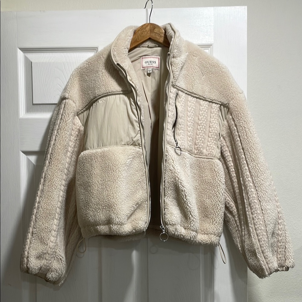 Guess Cream Teddy Jacket with Plush Texture